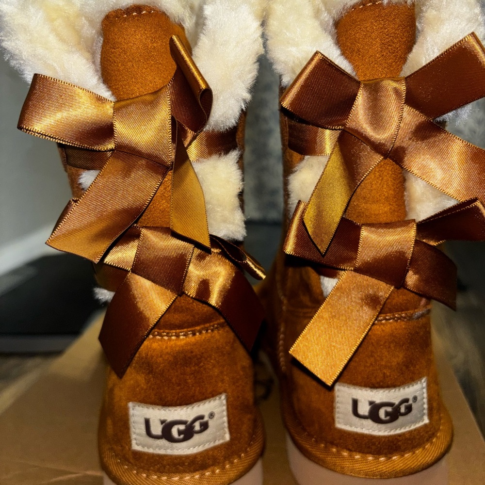 UGG Chestnut Satin Bow Shearling Ankle Boots